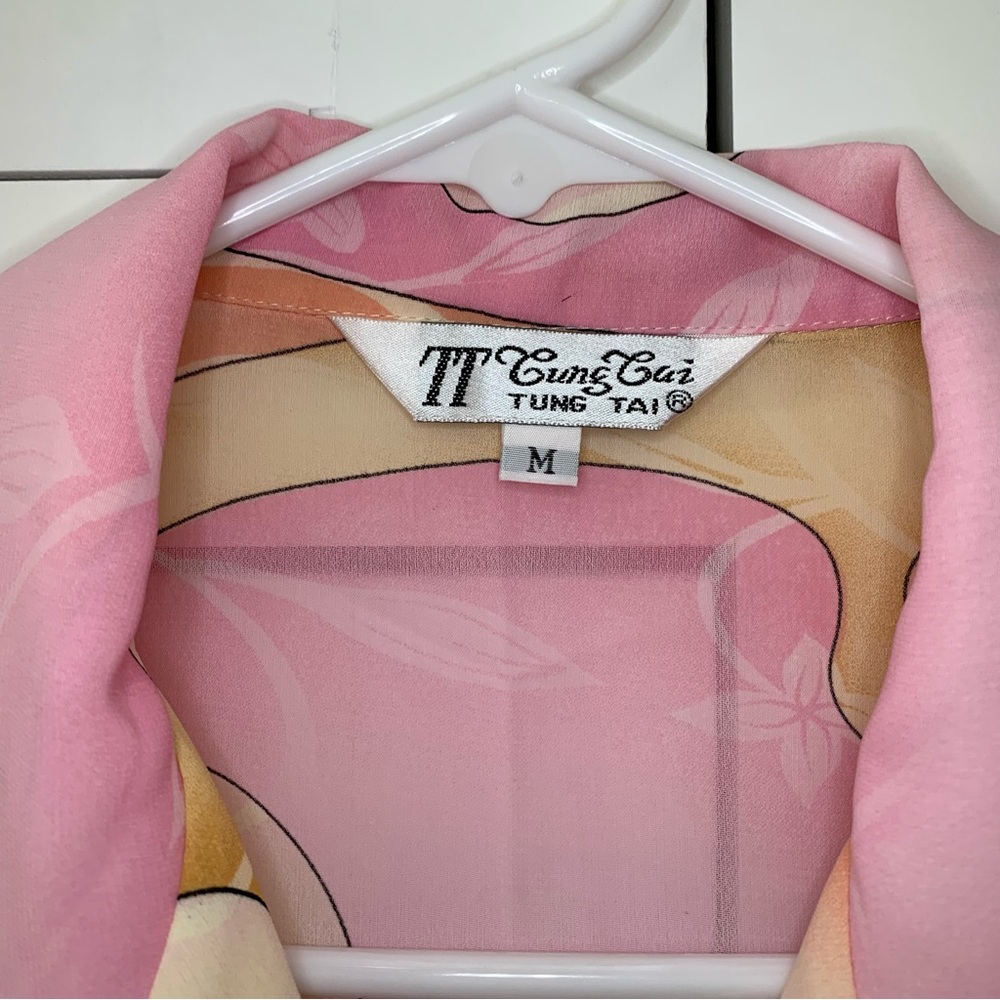 Tung Tai Pink/Yellow Sheer Button Up Collar Shirt Size Medium - Picture 3 of 7
